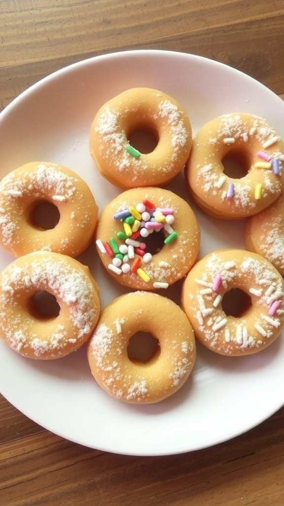 A plate of mini donuts dusted with powdered sugar and topped with sprinkles on a rustic wooden table.